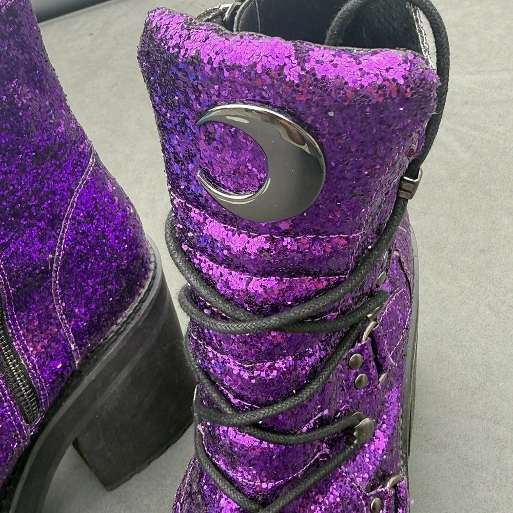 Size 8 Broom Rider Purple Glitter Platform Boots Women's Witchy Goth Festival